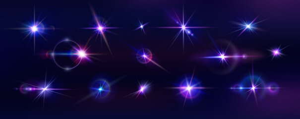 Light flare. Spark effect, space or star glint, twinkle beam, camera shine particle element. Pink and purple colors, beam reflections. Optical glare, abstract shining stars. Vector isolated exact set