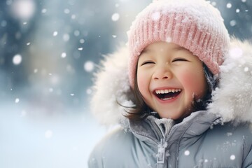 Child laughing in the snow - A bundled-up child, cheeks rosy from the cold, laughing as snowflakes fall on their eyelashes - AI Generated - obrazy, fototapety, plakaty