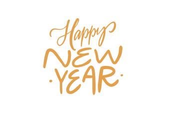 Handwritten Happy New year. Gold color lettering sign.