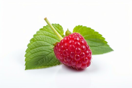 A Single Leafy Raspberry Fruit Isolated On A White Background. Generative AI