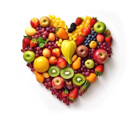 photo of fruits arranged in a heart shape on a white background. Generative AI