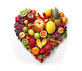 photo of fruits arranged in a heart shape on a white background. Generative AI