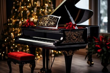 Piano with Christmas decoration design. Melody room instrument relatives. Generate Ai