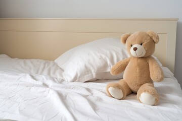 a childs bed with plain white linen and one stuffed animal