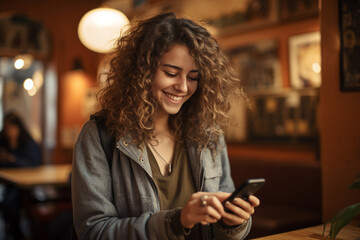 Beautiful woman as she smiles while gazing at her mobile phone, reflecting the joy of modern connectivity and communication. Ai generated