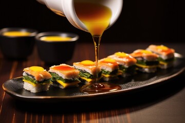 dipping sushi into a small dish of miso sauce