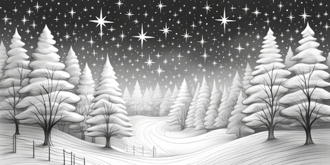 black and white image of a night winter forest. Stars in the sky.