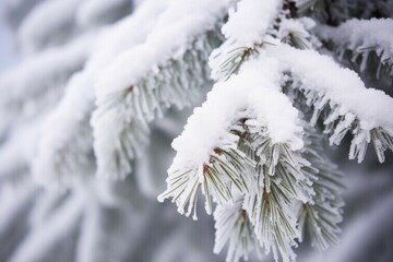 close-up of norwegian fir tree branch covered in snow
