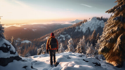 Fototapeta na wymiar Man hiker on mountains peak in winter. Warm winter sportswear with tourist backpacks in the snowy pine mountains in an incredible sunset. Active rest. Adventure and nature concept. Generative AI.