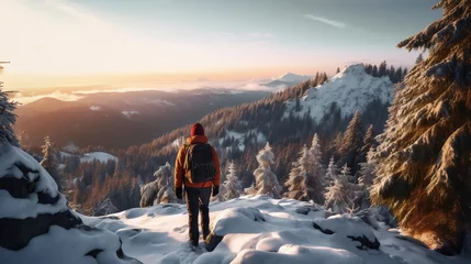 Foto op Canvas Man hiker on mountains peak in winter. Warm winter sportswear with tourist backpacks in the snowy pine mountains in an incredible sunset. Active rest. Adventure and nature concept. Generative AI. © Ivan