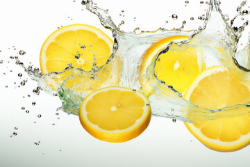 fresh lemon slices splashing in water