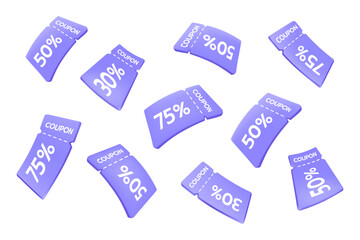 3D vouchers. Render coupon. Bonus ticket fly. Discount or gift sale label. Deal code. Cash flight. Benefit or prize tag. Offer free percent. Shop promotion. Purchase certificates. Vector background