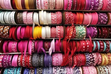 rolls of narrow ribbons in different patterns