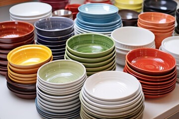 array of finished glazed porcelain dishes on a countertop