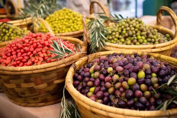 Fototapeta na wymiar close-up of freshly harvested olives in baskets