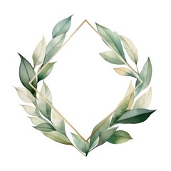 Watercolor geometry shape wreath with green leaf.