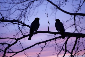 pair of blackbirds roosting in a tree at twilight