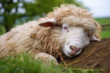 Obraz premium a wooly sheep resting in a green pasture, closed eyes