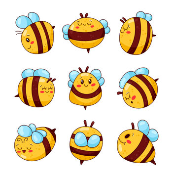 Cute cartoon bee characters. Honeybee  with a smiling face. Hand drawn style. Vector drawing. Collection of design elements.