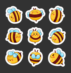 Cute cartoon bee characters. Sticker Bookmark. Honeybee  with a smiling face. Hand drawn style. Vector drawing. Collection of design elements.