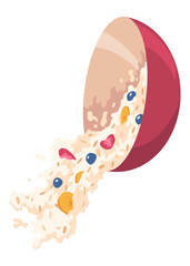 Oatmeal breakfast porridge icon, bowl with fruit and berries in milk. Healthy nutrition meal concept. Vector illustration isolated on white background