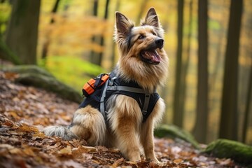 a dog with hiking gear in a forest