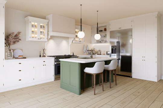 Bright kitchen in warm colors with a green island. 