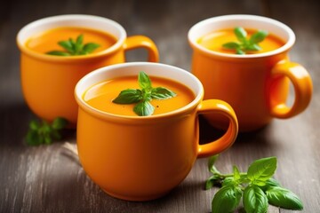 garnishing tomato soup with a sprig of basil