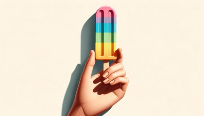 A person's finger delicately grips a vibrant popsicle, a splash of color against their hand, as if it were a whimsical pen creating a masterpiece of summer sweetness