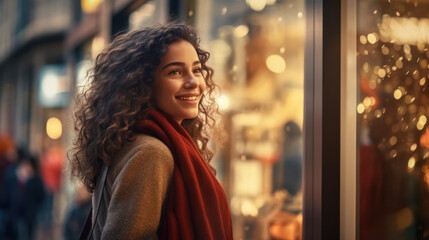 Lovely spanish woman looking at Christmas decorations inside a store window joyfully