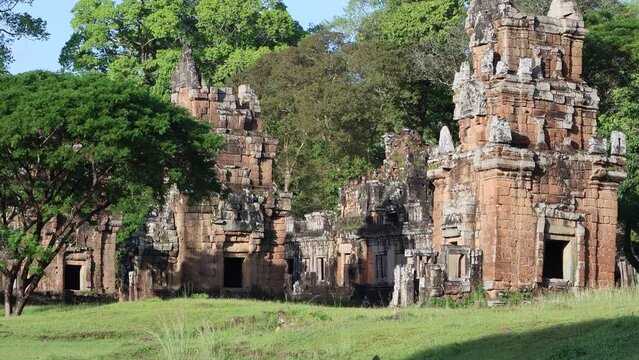 Cambodia. The Prasat Suor Prat are the twelve rugged looking towers in laterite and sandstone which line the eastern side of the royal square in Angkor Thom. Siem Reap province.