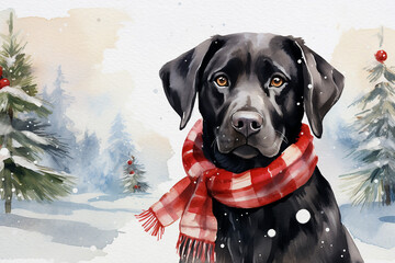 Christmas theme watercolour illustration of a black labrador wearing a tartan scarf sitting outdoors, with pine trees behind, in the snow, great for social media and greeting cards - obrazy, fototapety, plakaty