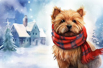 Christmas theme watercolour illustration of a brown west highland terrier wearing a tartan scarf, sitting outdoors in the snow, in front of a house, great for social media and greeting cards