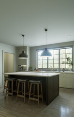 Beautiful bright kitchen in a new luxury house in a traditional style. 