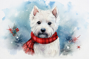 Christmas theme watercolour illustration of a white west highland terrier wearing a tartan scarf in the snow, great for social media and greeting cards