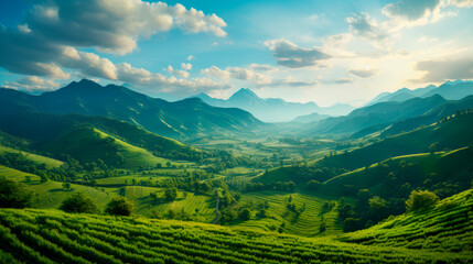 Beautiful landscape view of tea plantation on bright sunny day