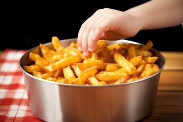 childs hand reaching for a fry from a bowl of poutine