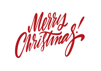 Merry Christmas red color lettering phrase. - obrazy, fototapety, plakaty