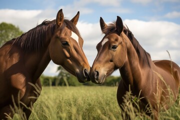 Naklejka premium two horses nuzzling each other in a field