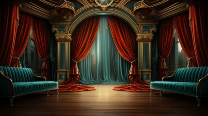 Indoor theater performance on stage with red curtains