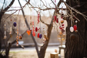 hand-crafted decorations hanging from a tree branch