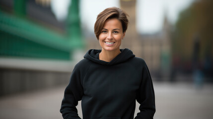 a beautiful woman with brown short hair wearing a black sweatshirt standing against a London street.