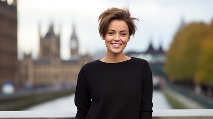a beautiful woman with brown short hair wearing a black sweatshirt standing against a London street.