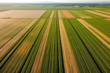 drone photo of cultivated fields forming geometric patterns