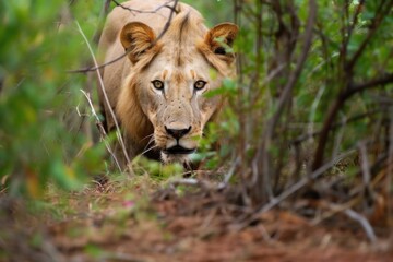 Fototapeta premium a lion stalking a deer from behind bushes