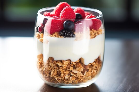 a detail of yogurt and granola parfait in a glass jar