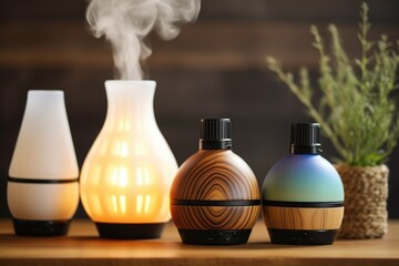 essential oil diffusers on a wooden shelf - obrazy, fototapety, plakaty