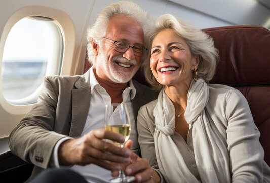 senior couple drinking wine in a private plane. They are sitting at the table and smiling