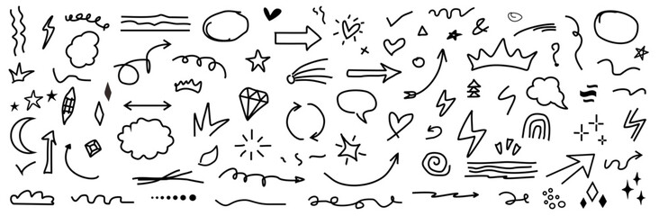 Doodle Hand drawn Sketch arrow element vector set, star, heart shape. cloud speech bubble element collection. Arrow, line, heart, diamond, element brush decoration