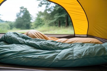 a snug sleeping bag unrolled in a tent - obrazy, fototapety, plakaty
